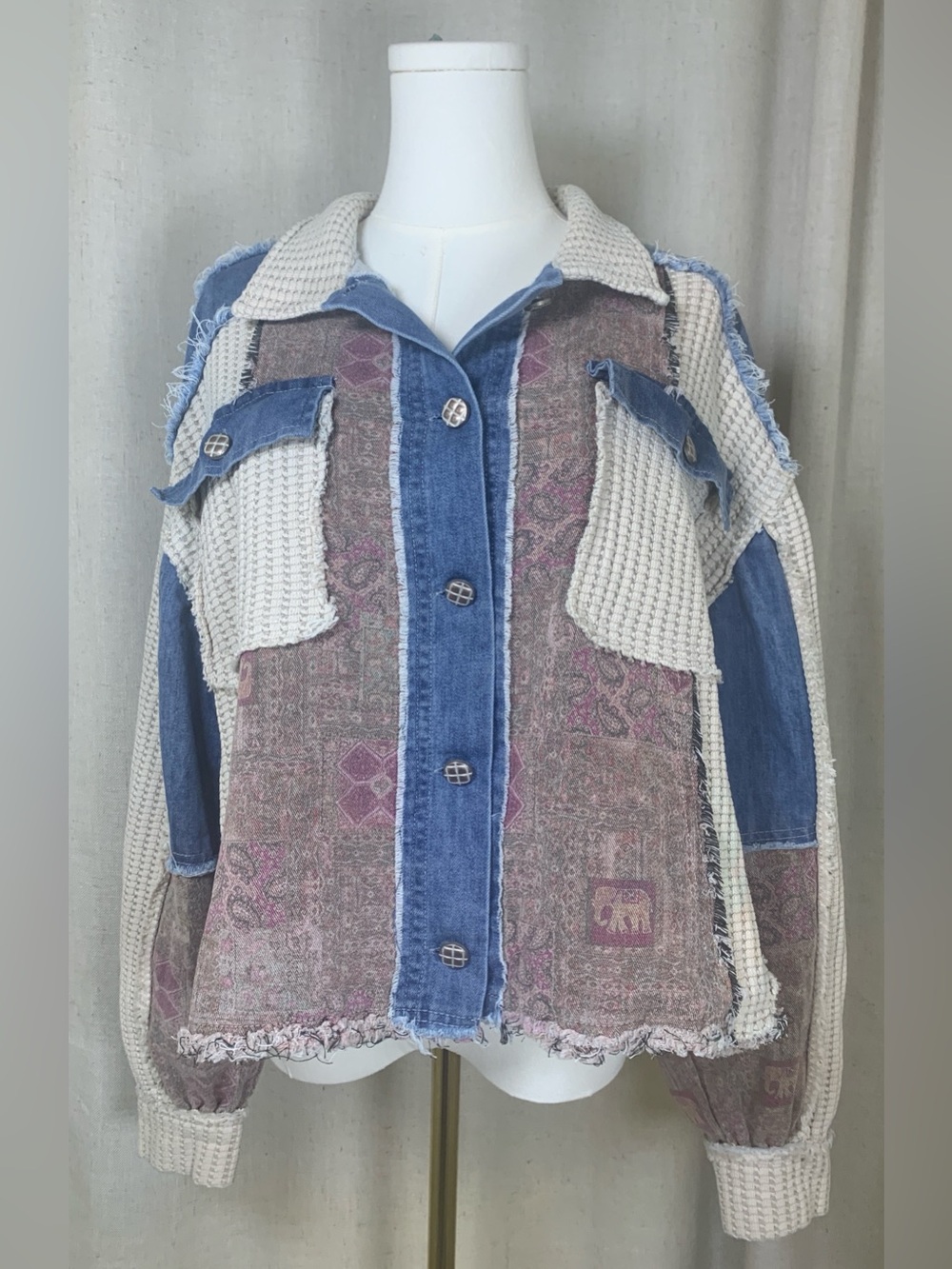 POL Denim & Waffle Knit Patchwork Jacket | M | Boho